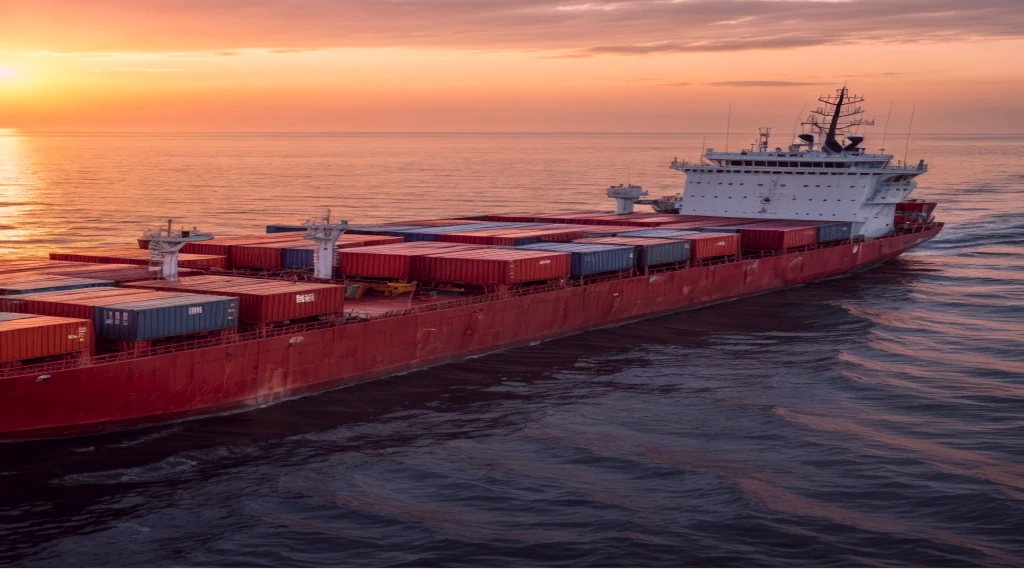A container ship at sea at sunset