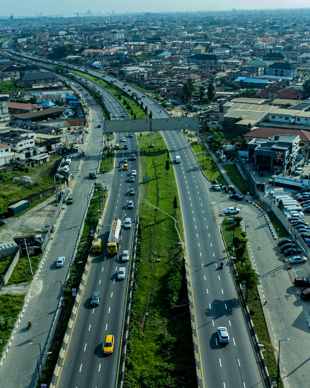 Aerial view of a busy divided road in Lagos